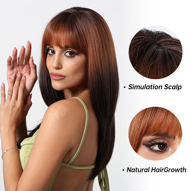 Черные синтетические парики Омбре коричневого цвета с челкой для женщин, длинные прямые Многослойные парики для косплея на Хэллоуин, натуральные термостойкие