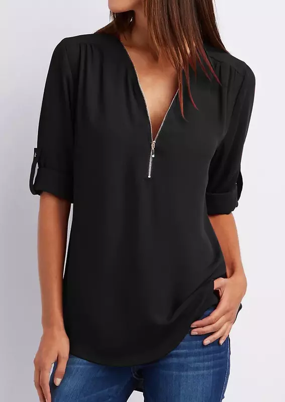 Zomer Vrouwen Cool Losse Shirt Diepe V-Hals Chiffon Blouse Casual Dames Tops Sexy Rits Pullover Plus Size Lange Mouw Mode
