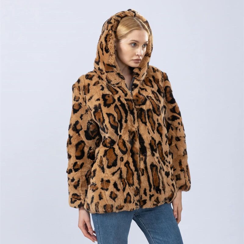 Natural Rex Rabbit Coat With Hood Leopard Brown Woman Fashion Elegant Beautiful Casual New 2023 Autumn Winter Jacket  230615