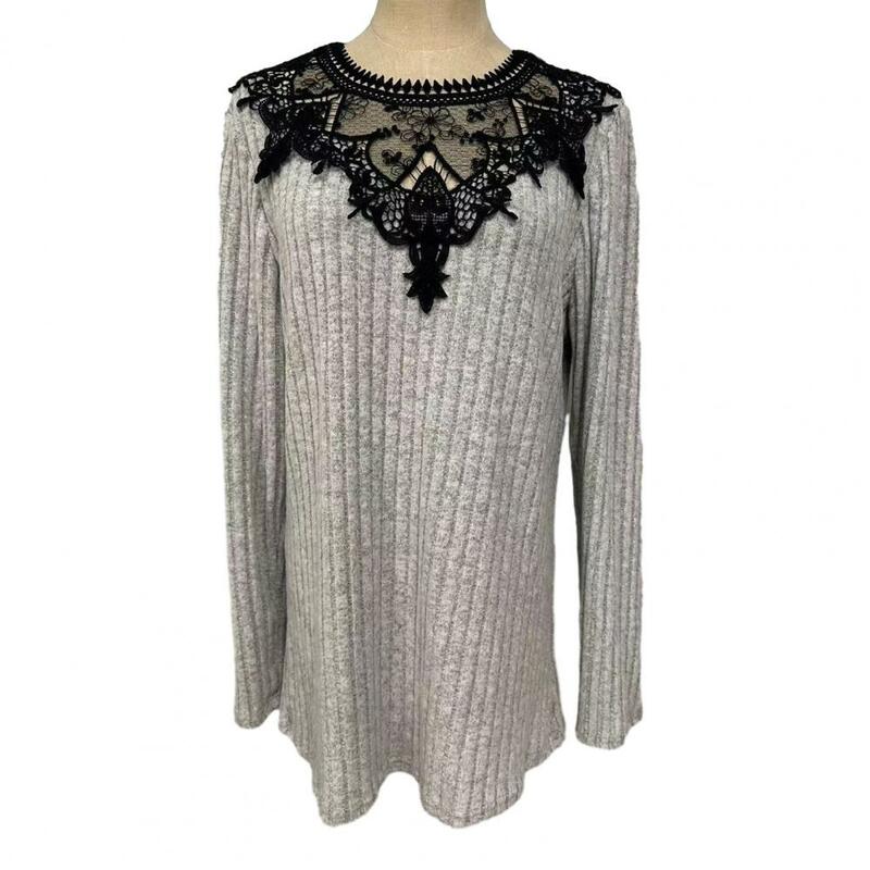 Mid Length Top Stylish Lace Patchwork Women's Pullover Blouse for Fall Spring Round Neck Long Sleeve Warm Top with Hollow Out
