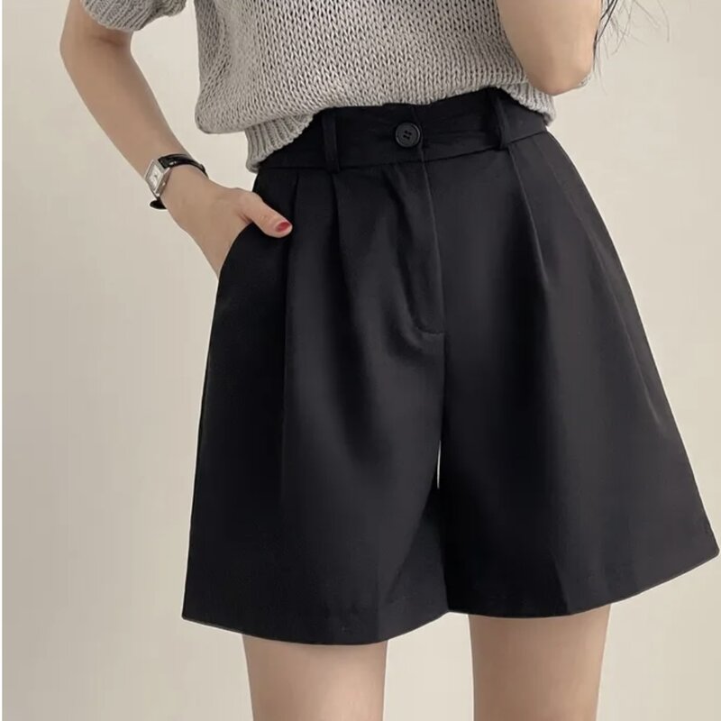 Elegant Office Shorts Loose Casual Ladies Wide Leg Short Elegant Female Straight Shorts 2024 Summer Korean High Waist N905