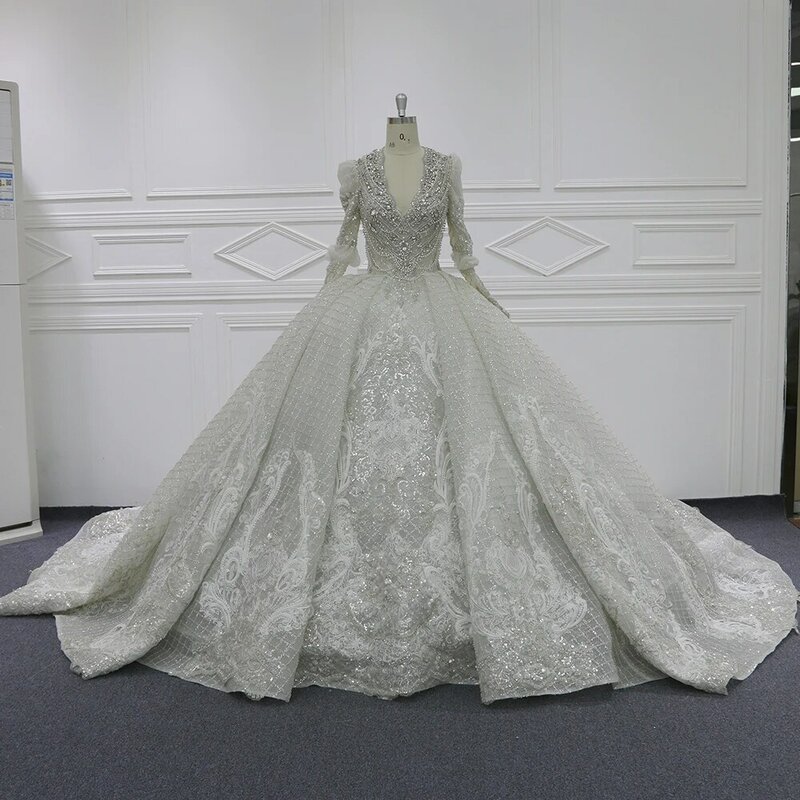 High Quality Luxury Long Slevee Royal Crystal Wedding Dress with Wedding Veil 343