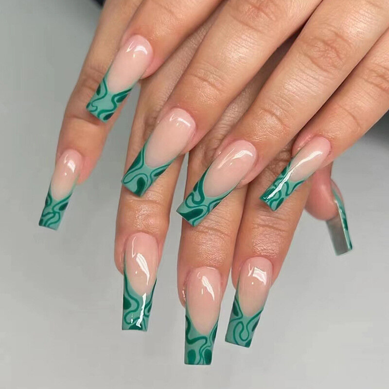 Long Ballet Nail Set Simple Green Ripple Shape Full Cover Finished False Fake Art Nail Glue Charm Woman Party Easy To Wearable