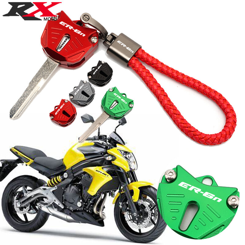 For Kawasaki ER6N ER 6N With Logo ER-6N Motorcycle Accessories CNC Key Cover Case Shell & Modified braided rope Keyring 4 colors