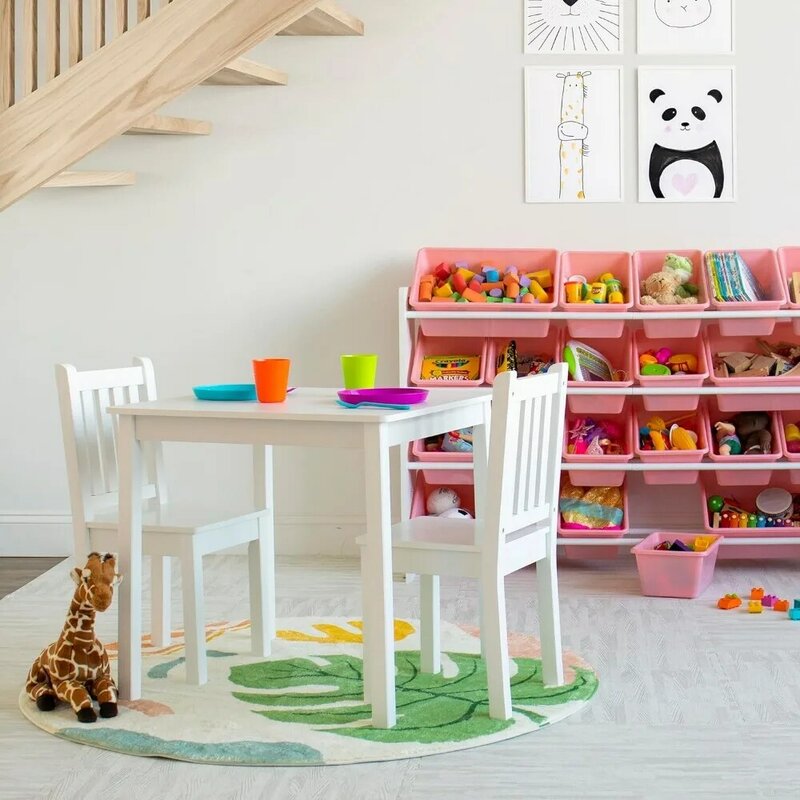 Juego de mesa y silla para niños, conjunto de muebles cuadrados de madera blanca, 2 sillas