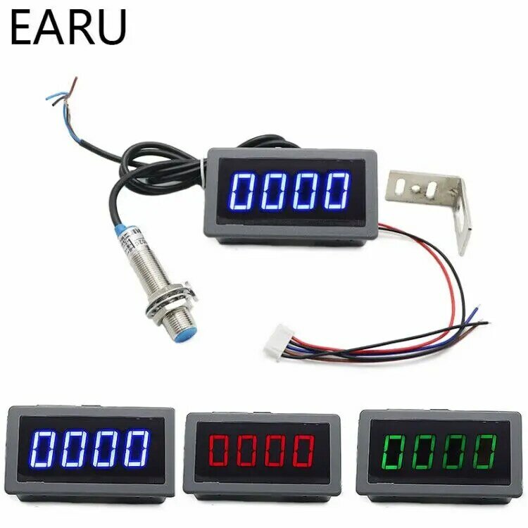 Medidor de Velocidade Digital RPM, Medidor de Medição, 4 Tacômetro Digital LED, Azul, Verde, Vermelho, 10-9999RPM, Sensor de Proximidade, NPN, 12V, 24V, 1 Conjunto