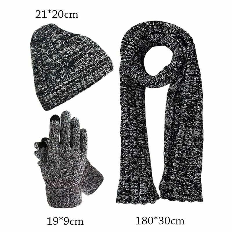 3Pcs/Set Neck Protection Knitted Hat Winter Warm Windproof Beanies Hat Outdoor Soft Scarf Gloves Set Men Women