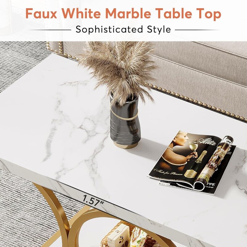 โต๊ะกาแฟสี่เหลี่ยมผืนผ้าขนาด47.24นิ้วโต๊ะกาแฟทันสมัยสำหรับเฟอร์นิเจอร์บ้านห้องนั่งเล่นพร้อมชั้นวางของรับประทานอาหาร (สีขาวและสีทอง)