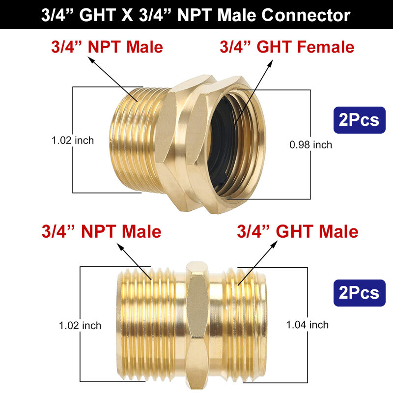 3/4" GHT x 3/4" NPT Male Connector 3/4" GHT x 1/2" NPT Male Hose Adapter Brass Garden Hose Fittings with Washers for Water Pipe