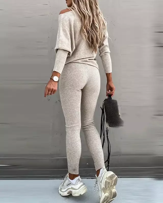2023 Sportswear Frauen Fashion Casual Solide Fit Schulter Top Lange Hosen Set Long Sleeve Top & Hohe Taille Kordelzug hosen Set
