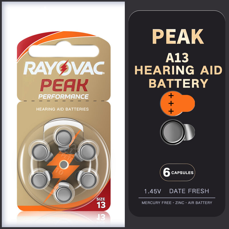 Rayovac-Peak Hearing Aid Baterias, Zinc Air, 1.45V, A13, 13A, P13, PR48, para BTE, RIC, amplificador de som, Dropshipping, 60 pcs