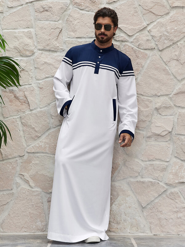 Muslim Ramadan warna diblokir jubah Muslim tradisional pria, kemeja panjang busana Muslim gaya Ramadan, busana Timur Tengah