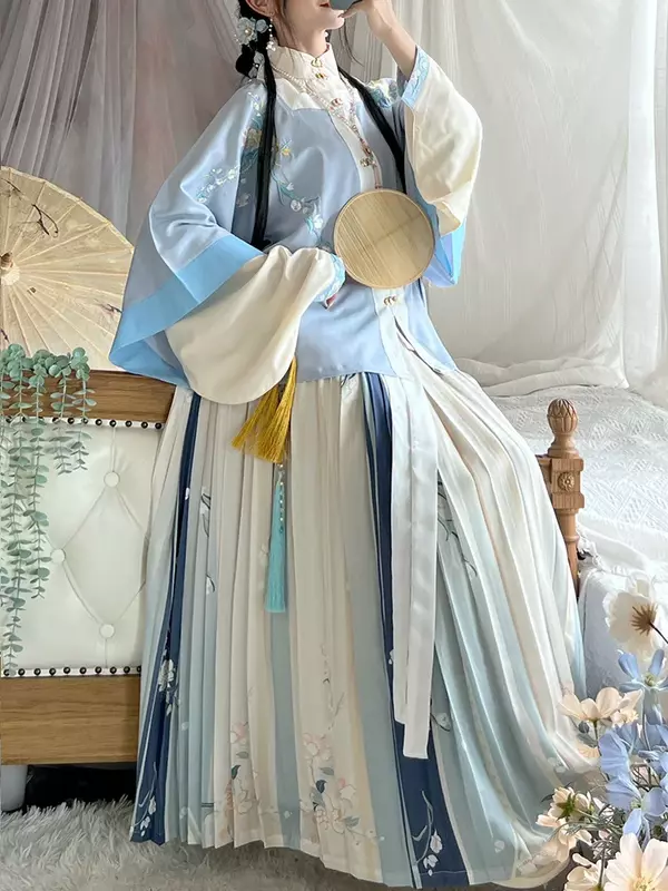 2024 Original Ming Dynasty Women Chinese Style HanFu Han Fu Square Neck System Half Sleeve Printed Skirt  Fairy Dress