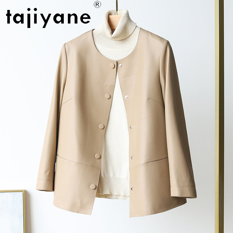 Fujiyane jaket kulit asli musim semi dan musim gugur 2024 baru untuk wanita Chic leher bulat 100% mantel kulit domba asli pakaian longgar