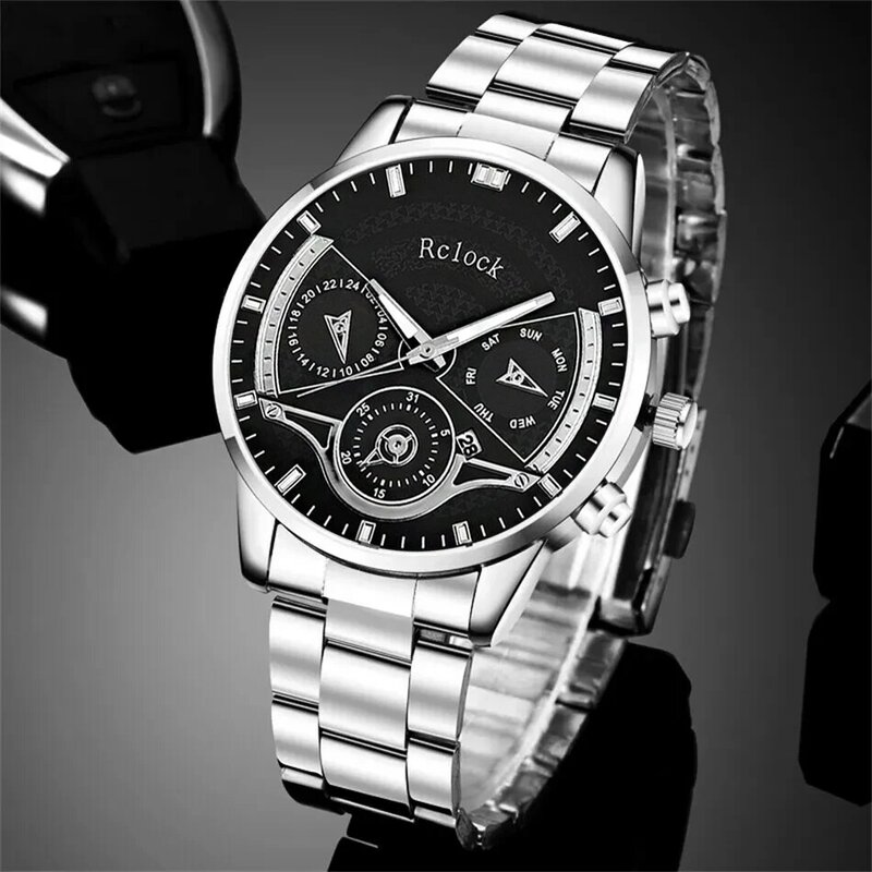 3PCS Set Fashion Mens Business Calendar Watches Men Casual Silver Bracelet Wings Necklace Stainless Steel Quartz Wrist Watch