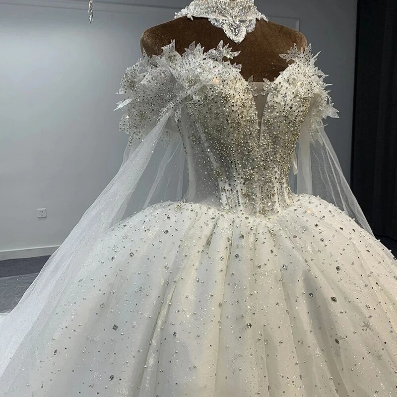 Vestido de noiva branco luxuoso decote em v para mulheres, requintado vestido de baile de pérolas, apliques de renda, vestido de noiva, 2024