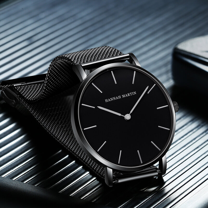 Jam tangan pria, gaya sederhana, HANNAH MARTIN, merek terkenal Gerakan Jepang, desain klasik mewah, jam tangan kuarsa sangat tipis untuk pria