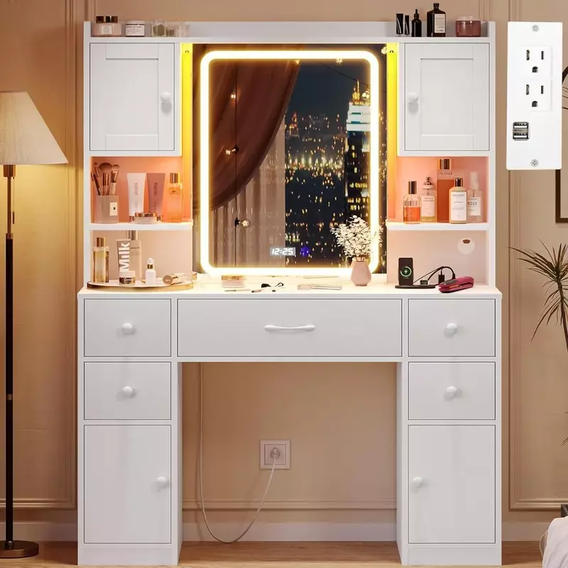 Tocador con espejo y luces para el hogar, mueble de dormitorio, 4 armarios y pantalla de tiempo, juego de tocador de maquillaje