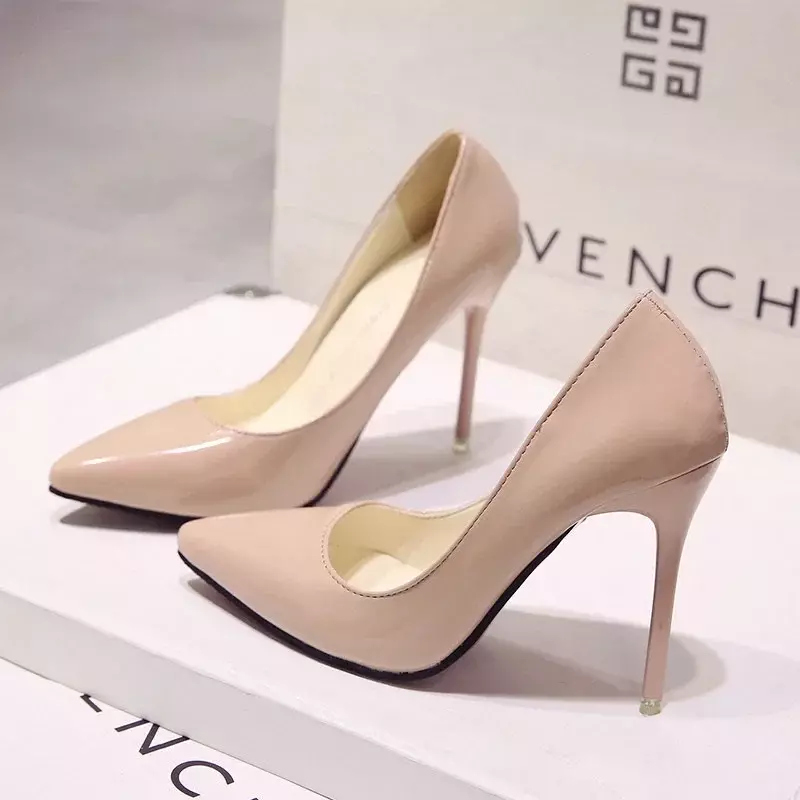 2023 Nude Pumps for Women High Heel Shoes Female Fashion Patent Leather Sexy Pointed Toe Thin Heel Wedding Shoes Plus Size 34-44