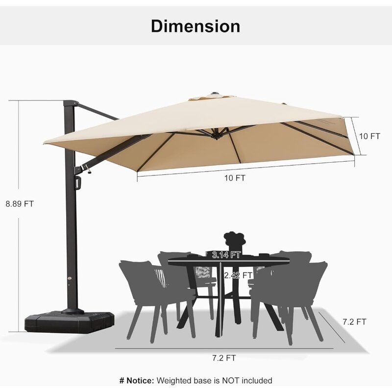 Grande guarda-chuva exterior do deslocamento do alumínio do retângulo com rotação de 360 graus, guarda-chuvas bege do pátio