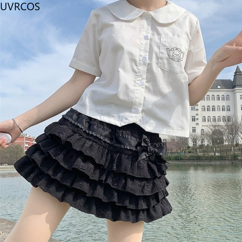 สไตล์ญี่ปุ่น Kawaii Lolita ROK Mini ผู้หญิงโกธิค High เอว Ruffle Tiered กระโปรง Sweet Girly ฤดูร้อน Harajuku Y2k กระโปรงสั้น