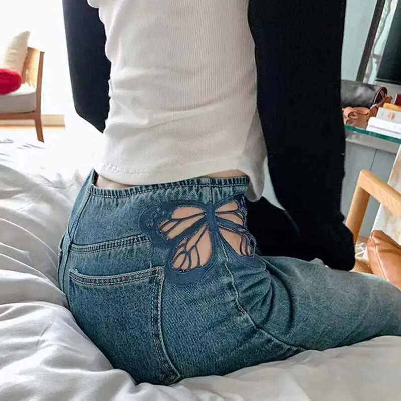 Mexzt Y 2K Jeans Vrouwen Sexy Holle Denim Wijde Pijpen Streetwear Koreaanse Hoge Taille Vlinder Borduurbroek