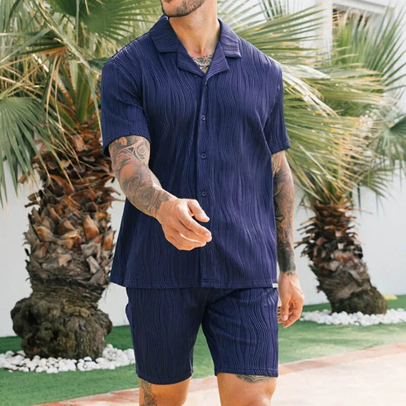 Camisa a rayas con botones para hombre, pantalón corto holgado, informal, a la moda, novedad de verano, 2024