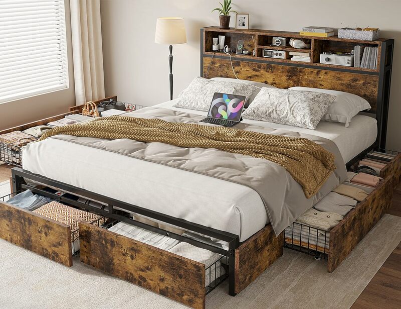 Full Bed Frame with 6 Storage Drawers with Headboard,Charging Station Full Bed Frame with Storage No Noise,No Box Springs Needed