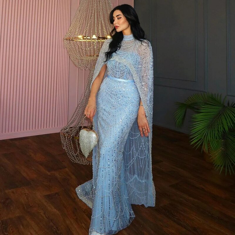 Luxury Pearls Dubai Arabic Evening Graduation Dresses with Cape 2024 Mermaid Long Formal Prom Wedding Party Gowns for Women