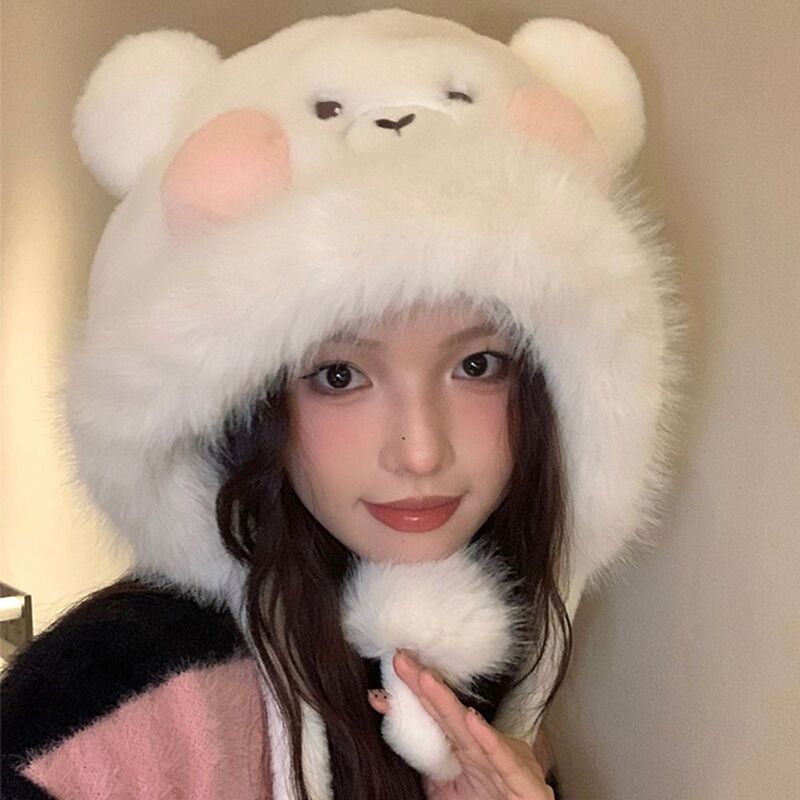 Topi Beruang Musim Dingin, topi anak kucing Korea bulu lembut hangat bulu besar musim dingin
