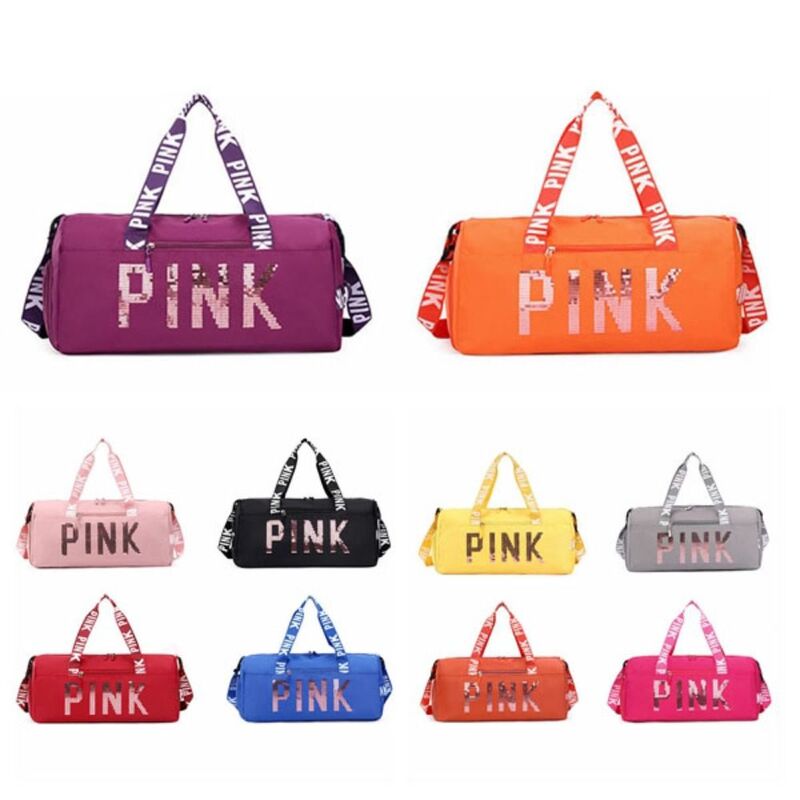New PINK Laser Logo Waterproof Women Gym Bag Overnight Weekend Carry Travel Lightweight Yoga Large Handbag