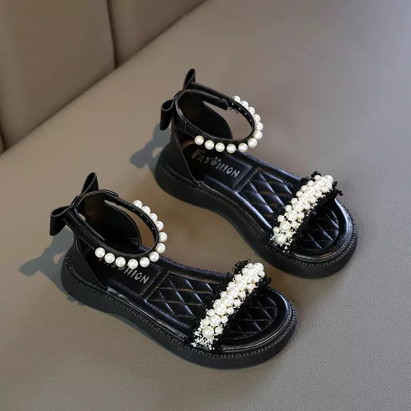 Sandalias romanas de princesa para niños y niñas, chanclas informales con perlas, sandalias de gladiador de playa de Punta abierta, moda elegante, bucle de gancho, Verano