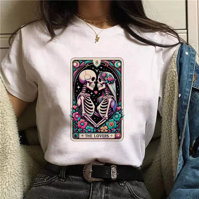 Loverst t-shirt damski Tarot nadrukowana marka z okrągłym dekoltem z krótkim rękawem nowy Top drukowany motyw kreskówkowy modny uniwersalny t-shirt.