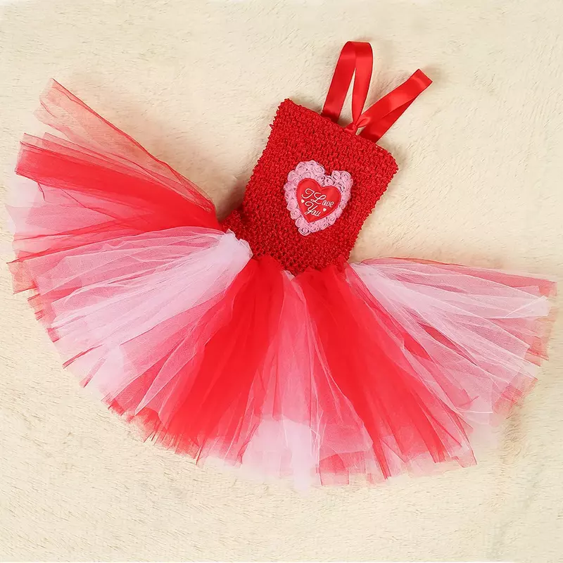 Платье-пачка для девочки с цветами сердца розы Рождественский новогодний костюм День Святого Валентина детское платье принцессы Красное Белое детское фатиновое платье