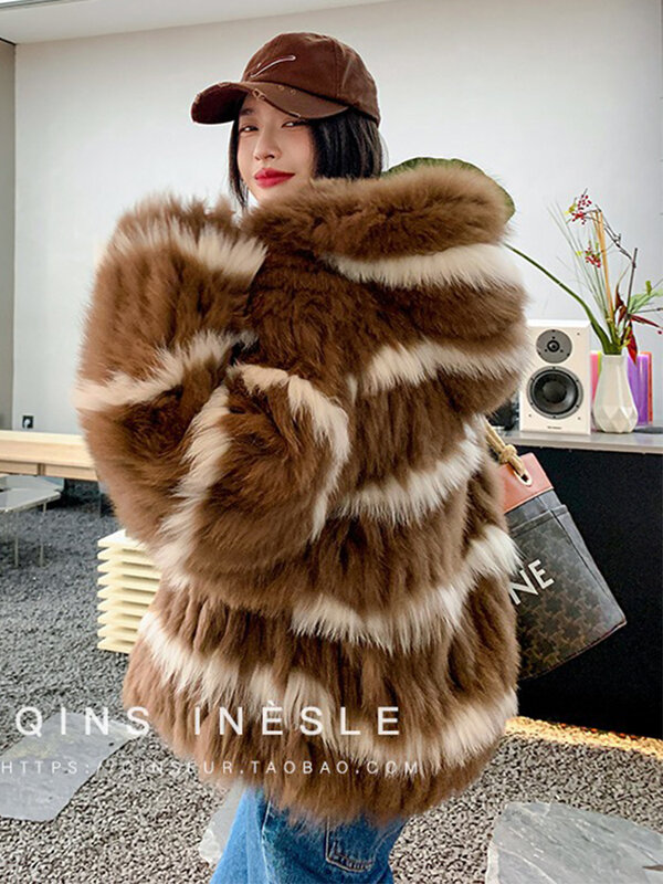 女性の毛皮のフード付きコート,厚くてふわふわのキツネの毛皮のコート,冬に最適,さまざまな色