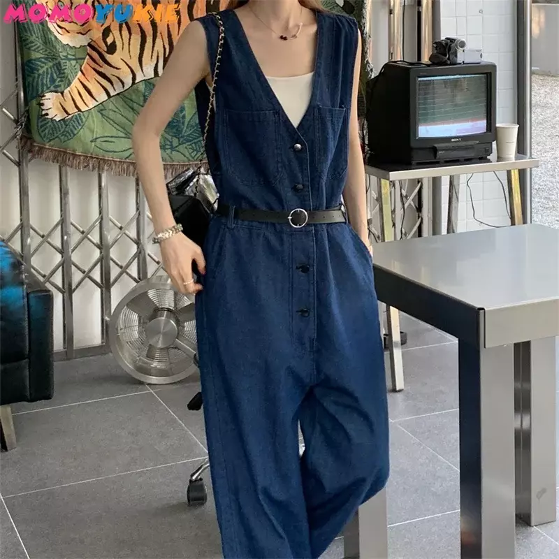 Denim Jumpsuits for Women 2023 Summer New Fashion Casual Loose Sleeveless V-Neck Long Straight Pants Wide Leg Mopping Pants