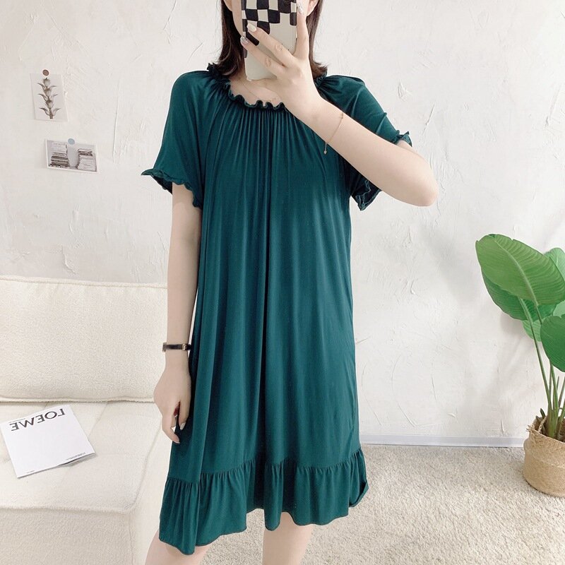 Modal Nightdress Women's Summer Nightgowns New Large Size Round Neck Pleated Ladies Nightshirt Loose Short Sleeve Long Dress