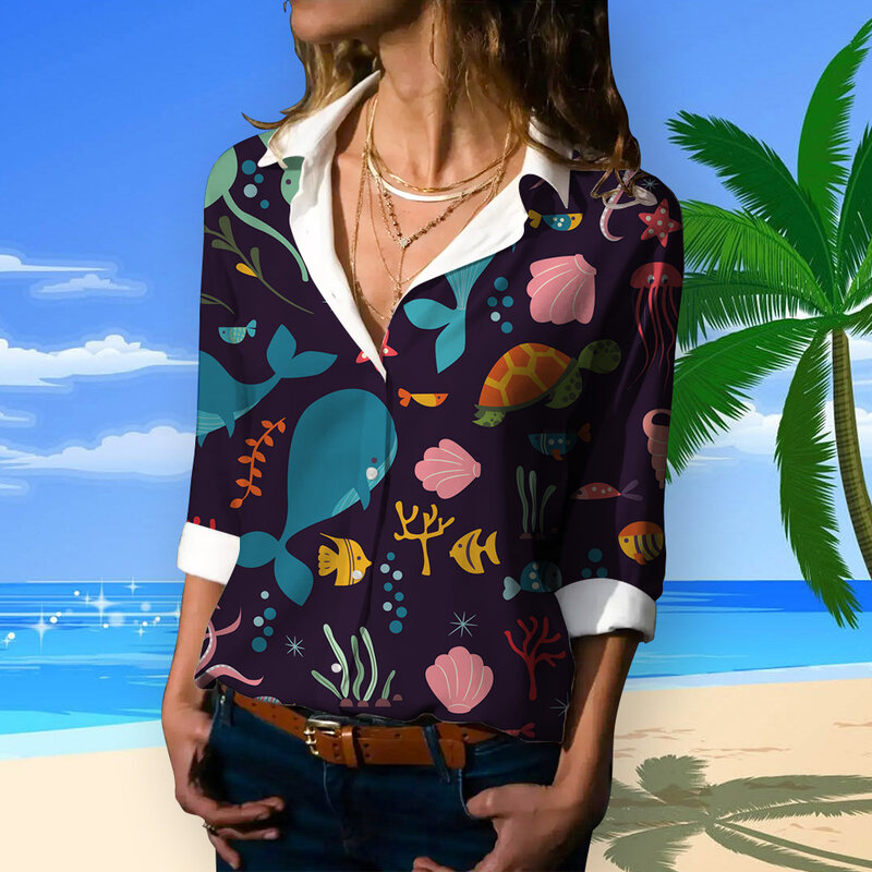 Chemise hawaïenne à manches longues pour femmes avec boutons, chemisier animal mignon, vêtements décontractés pour femmes, mode printemps et été, nouveau