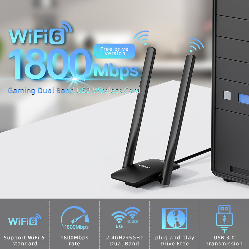 EDUP-WiFi 6 USB 어댑터 듀얼 밴드 AX1800 USB3.0 무선 Wi-Fi 동글 드라이브, 무료 네트워크 카드 WiFi6 어댑터 데스크탑 노트북용