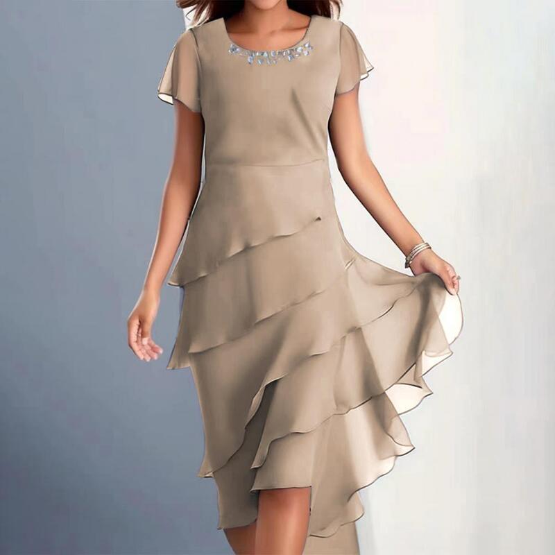 Vestido Midi con diseño de pastel en capas para mujer, elegante vestido de decoración de cuentas, cuello redondo, dobladillo de pastel en capas para invitados de boda, fiesta fluida