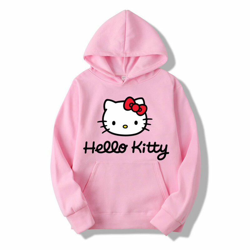 Новинка 2024, модная Женская толстовка с капюшоном, мультяшный персонаж Hello Kitty, Мужская толстовка, весенне-осенний розовый кавайный Женский пуловер большого размера