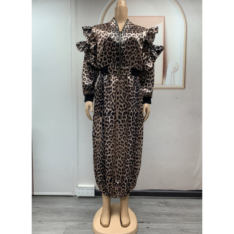 Vestido feminino estampado em leopardo com bolsos, jaqueta europeia de duas peças, casaco e saia, S9819
