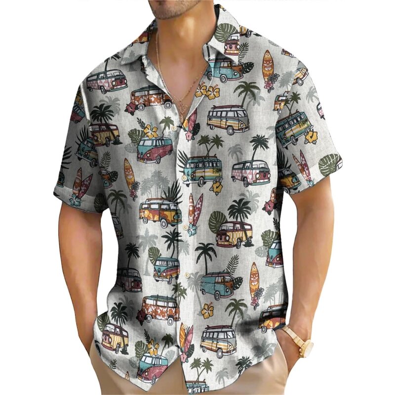 قميص رجالي بأكمام قصيرة مطبوع عليه شجرة جوز الهند ، توبات غير رسمية ، قمصان هاواي كبيرة الحجم للرجال ، موضة الشاطئ