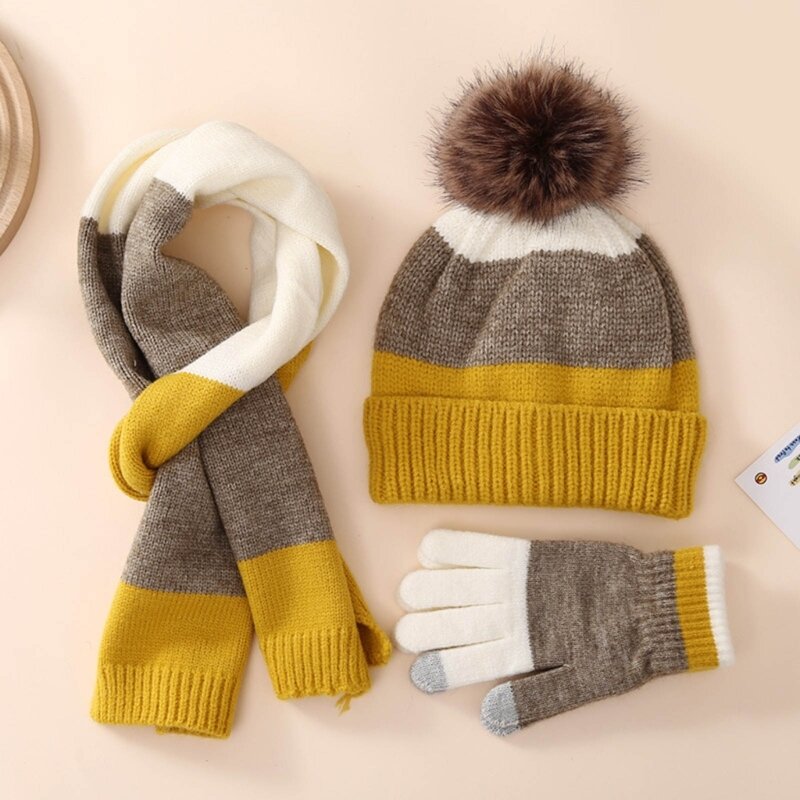Crianças chapéu cachecol e luvas conjunto inverno pom pom chapéu com luvas e cachecol quente malha gorro chapéus meninas boné