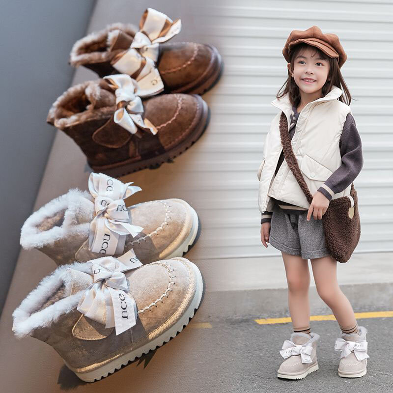 ฤดูหนาว2022สาว Snow Boots Plus กำมะหยี่อบอุ่นรองเท้าผ้าฝ้ายเด็กหนาโบว์เจ้าหญิง Sepatu BOOT Pendek