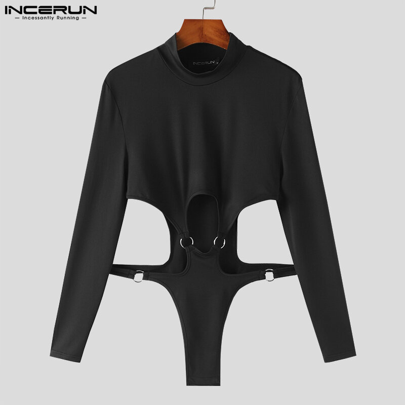 Sexy Men's Rompers Hollow Deconstruction Design Jumpsuits Male Half High Neck Long Sleeved Triangle Bodysuits S-5XL INCERUN 2023