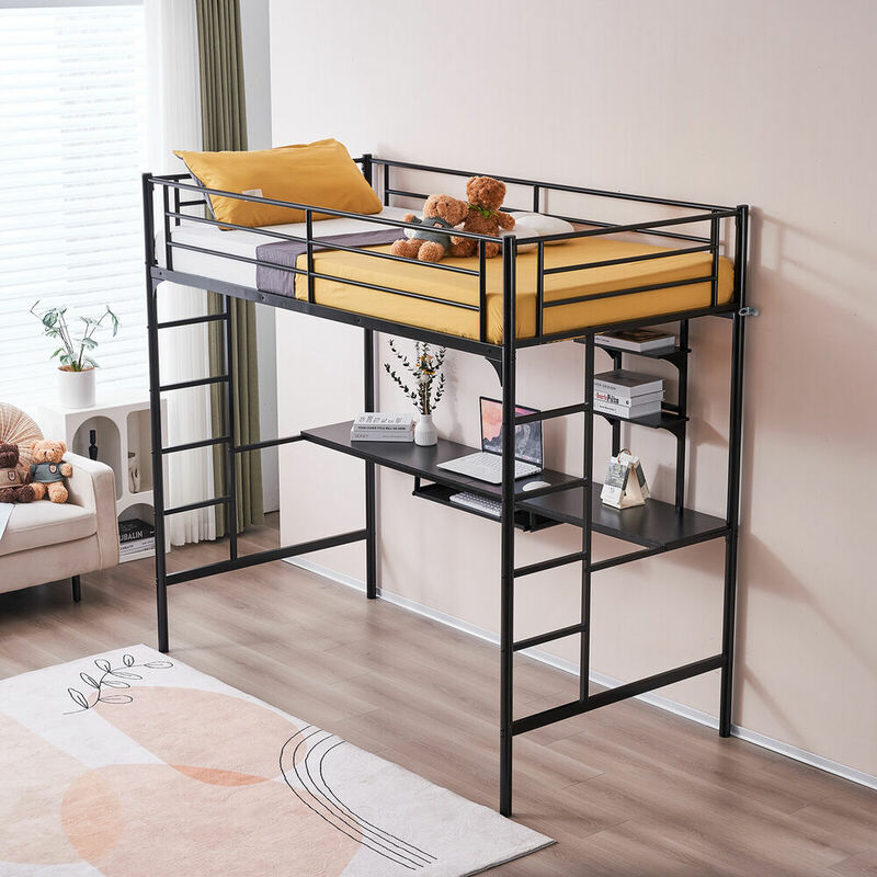Heavy-duty Twin Metal Loft Bed Frame with Desk and 2 Shelf 2 Ladders for Teens