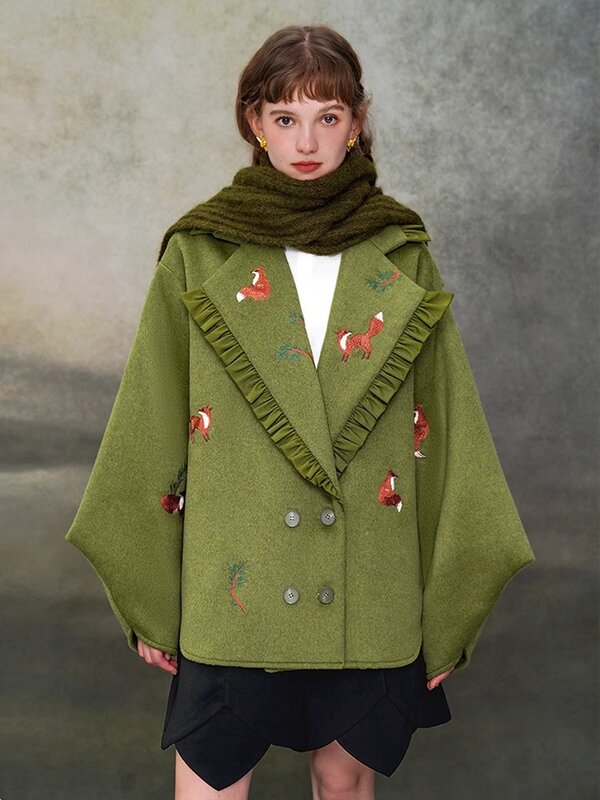 Women's Christmas Green Embroidered Wool Coat, New Arrival, Winter