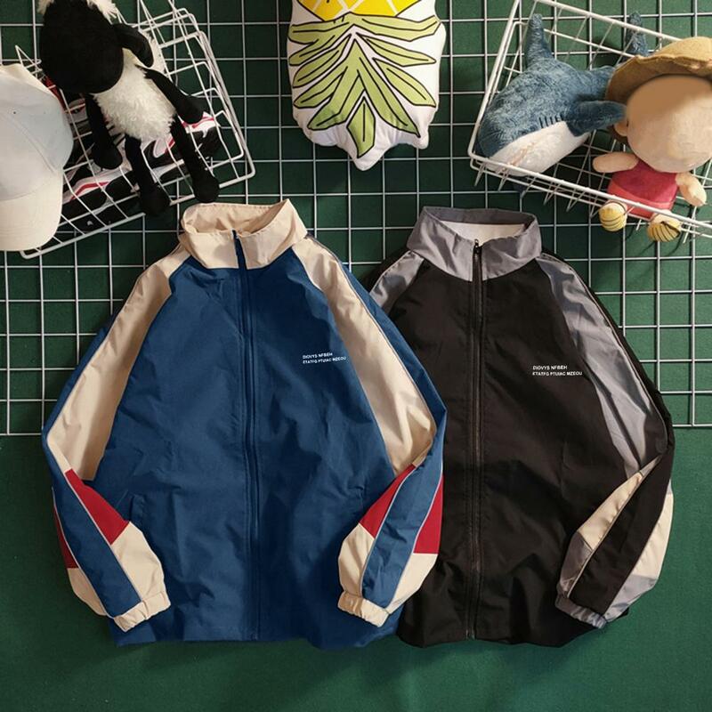 남성용 빈티지 컬러 블록 집업 재킷, 지퍼 클로저 스탠드 칼라, 방풍 스트리트웨어 코트, 용수철 가을
