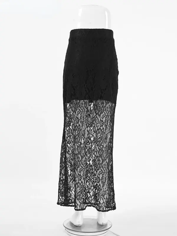 Элегантная Прозрачная Кружевная юбка по щиколотку Wolfeel, Черная Женская длинная юбка с высокой талией, летняя офисная шикарная Женская кружевная юбка